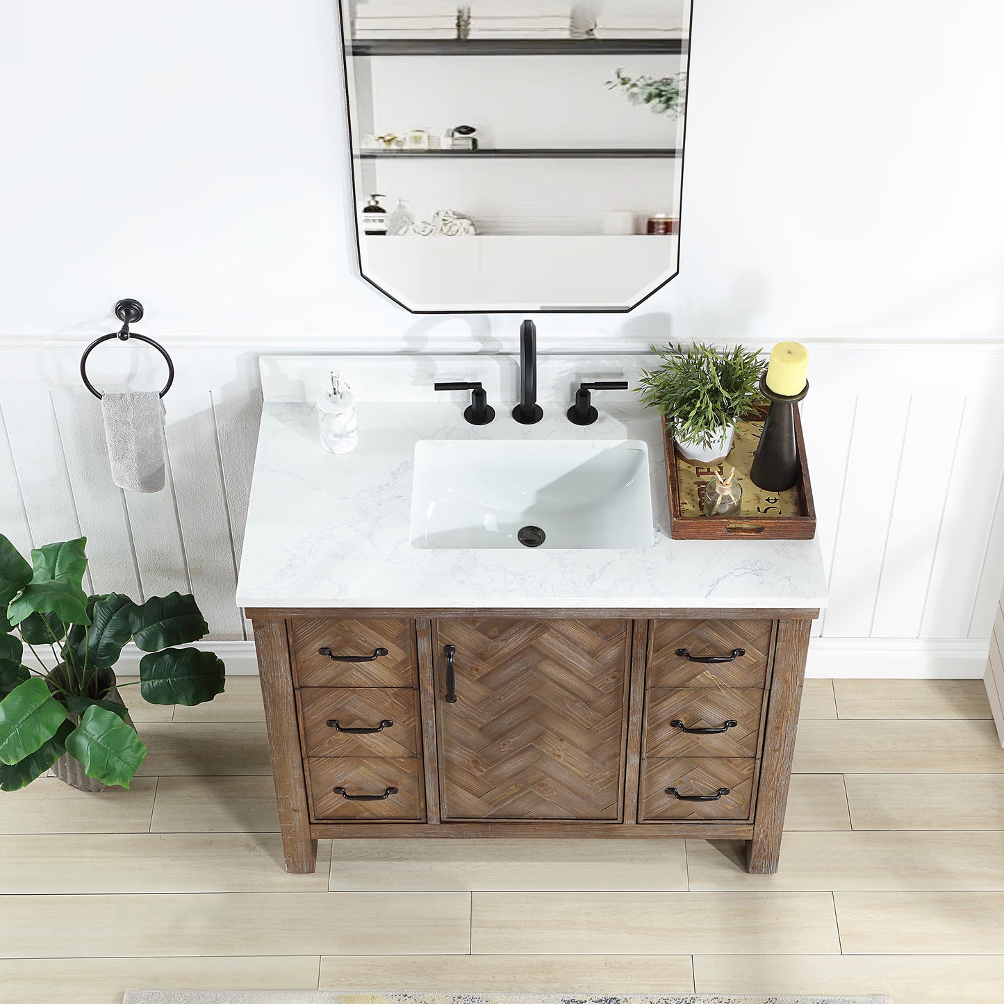 Vinnova, Javier 42" Free-standing Single Bath Vanity in Spruce Antique Gray with White Grain Composite Stone Top