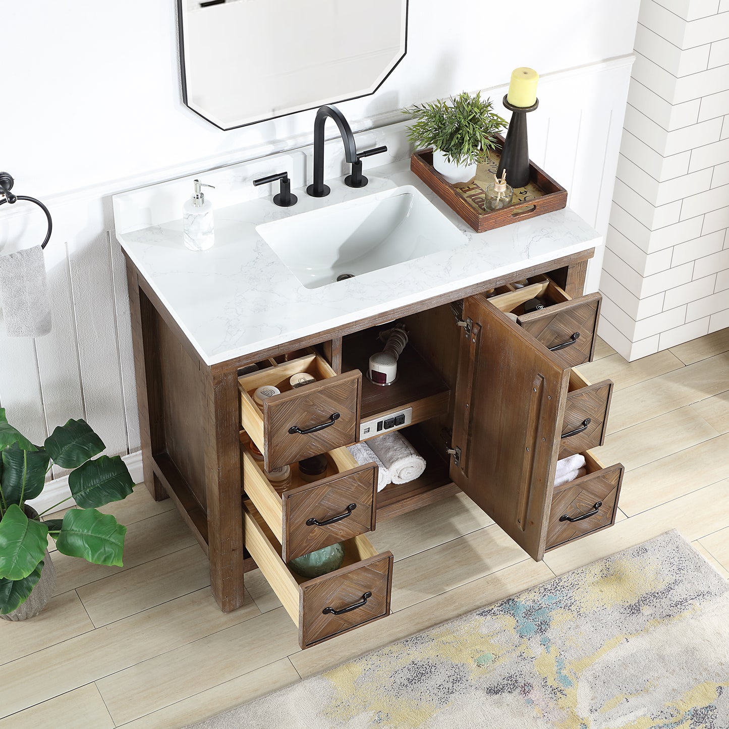 Vinnova, Javier 42" Free-standing Single Bath Vanity in Spruce Antique Gray with White Grain Composite Stone Top