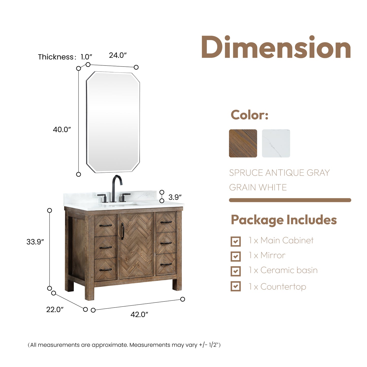 Vinnova, Javier 42" Free-standing Single Bath Vanity in Spruce Antique Gray with White Grain Composite Stone Top and Mirror