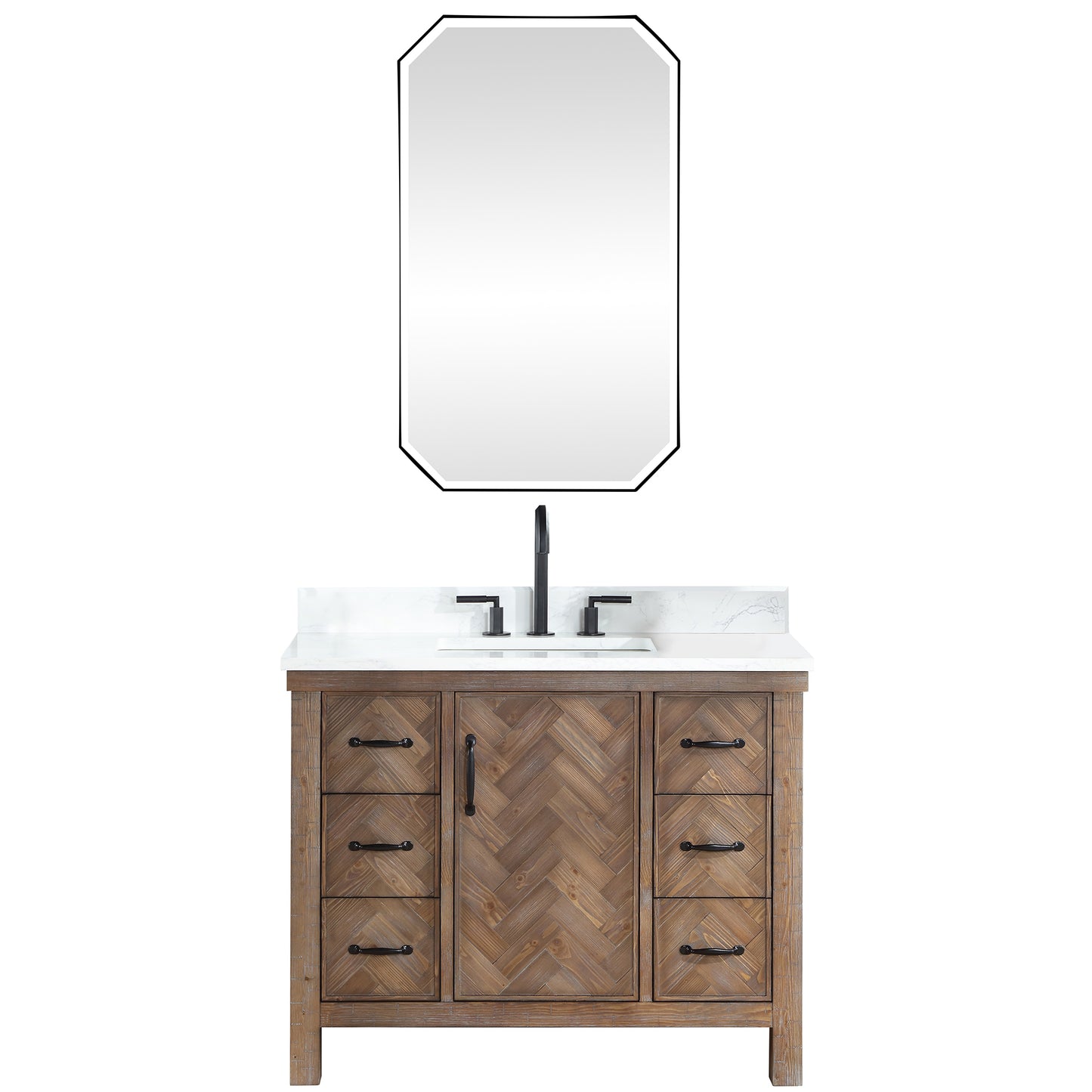 Vinnova, Javier 42" Free-standing Single Bath Vanity in Spruce Antique Gray with White Grain Composite Stone Top and Mirror