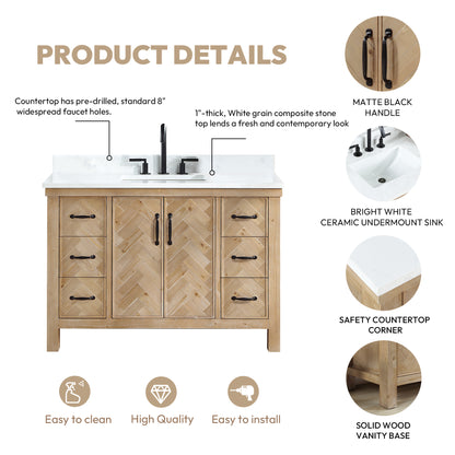 Vinnova, Javier 48" Free-standing Single Bath Vanity in Spruce Antique Brown with White Grain Composite Stone Top