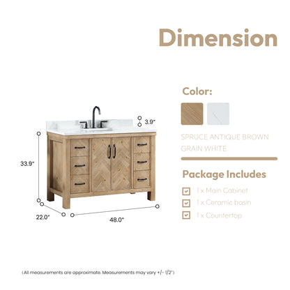 Vinnova, Javier 48" Free-standing Single Bath Vanity in Spruce Antique Brown with White Grain Composite Stone Top