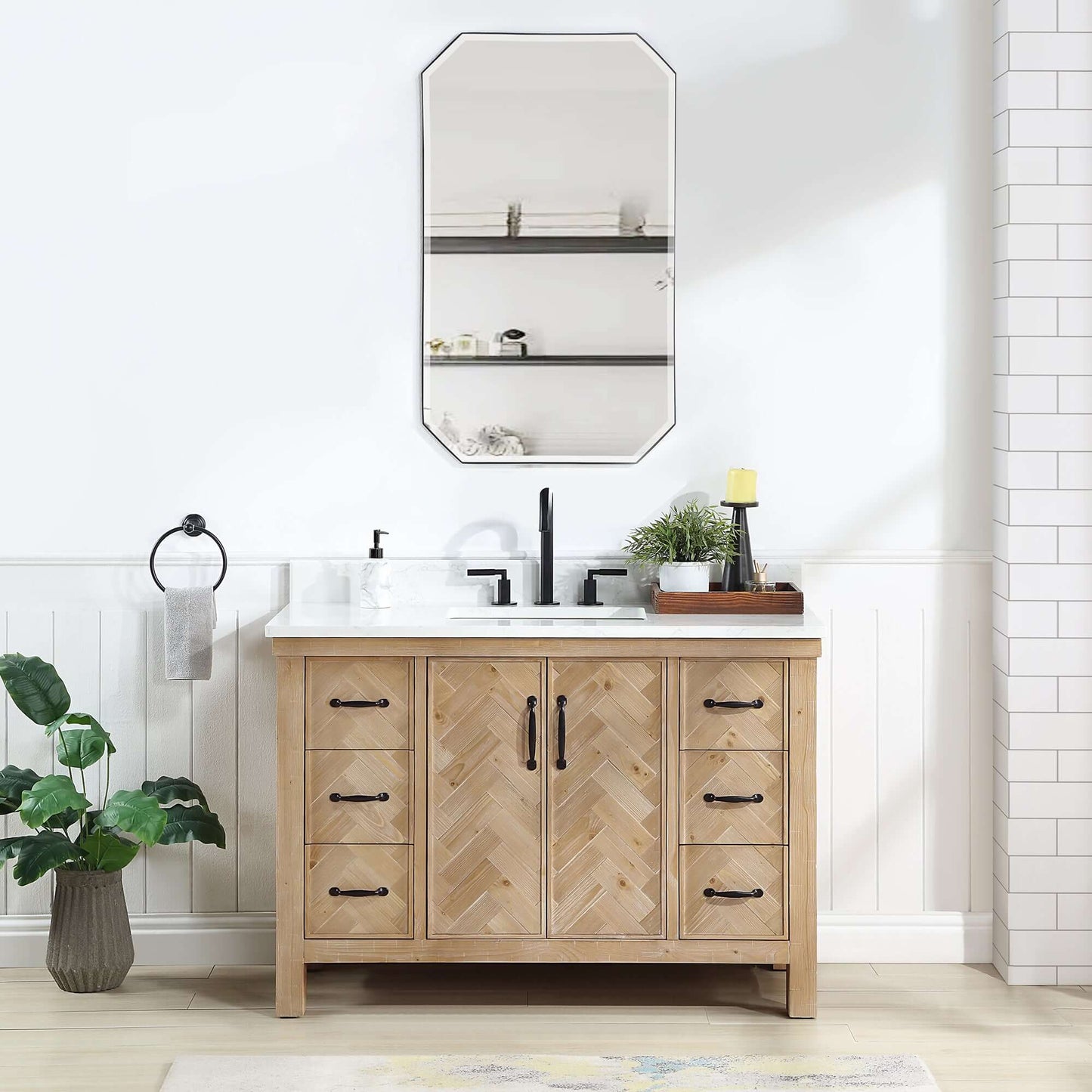 Vinnova Javier 48-inch free-standing single vanity in antique brown spruce with white grain composite top