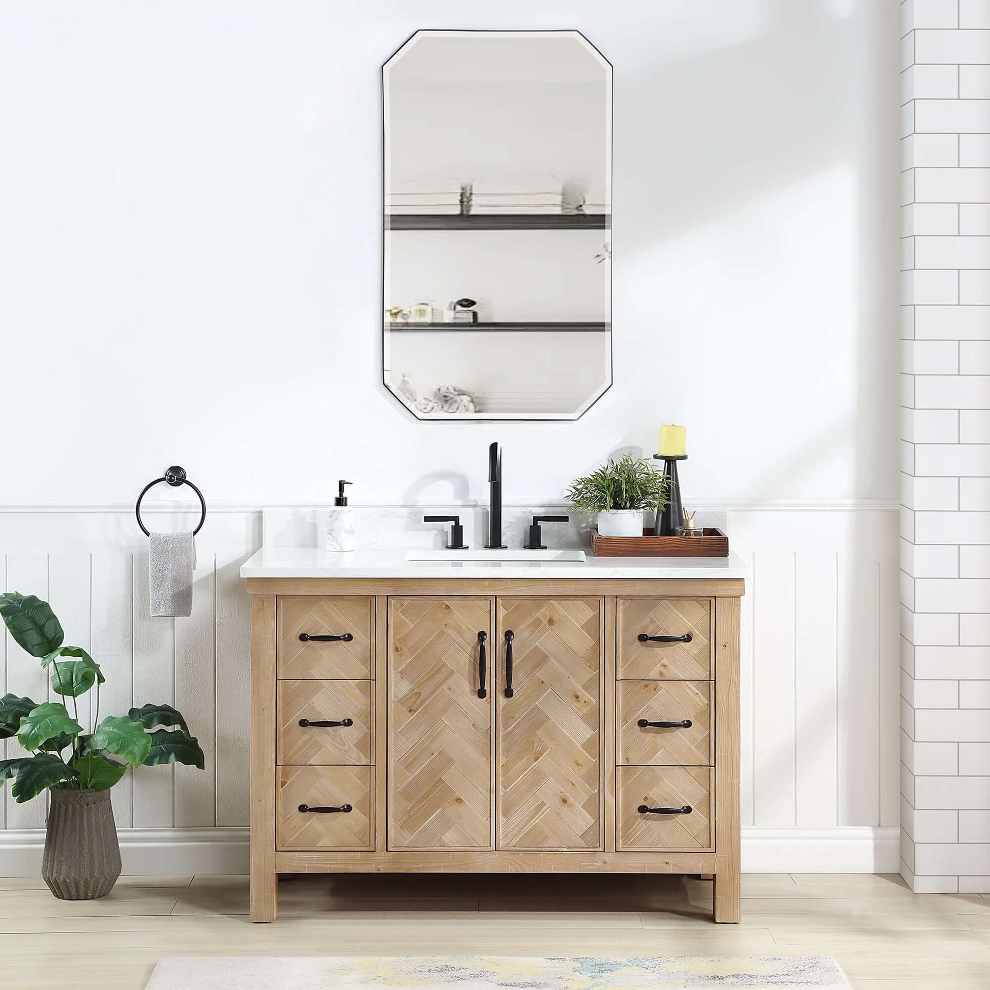 Vinnova Javier 48-inch free-standing single vanity in antique brown spruce with white grain composite top