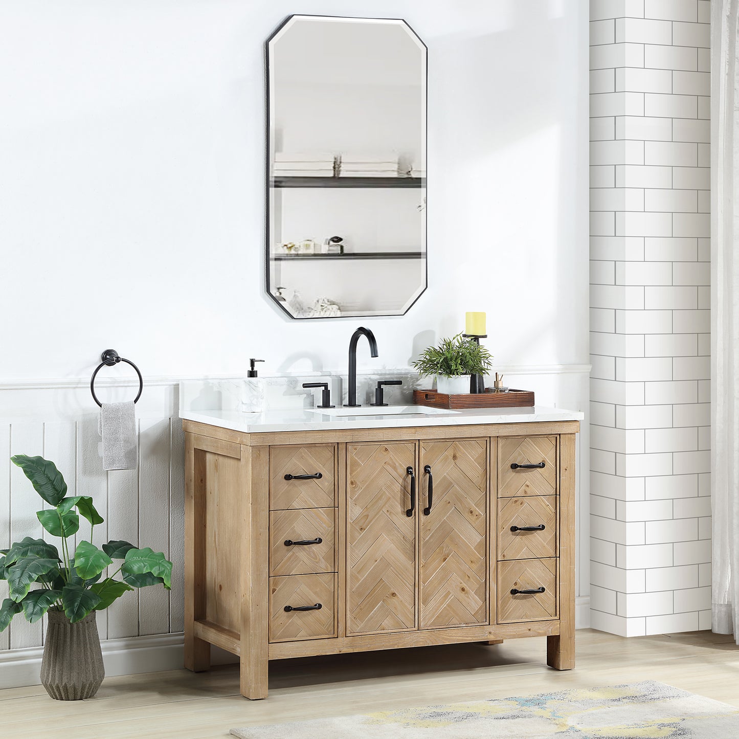 Vinnova, Javier 48" Free-standing Single Bath Vanity in Spruce Antique Brown with White Grain Composite Stone Top