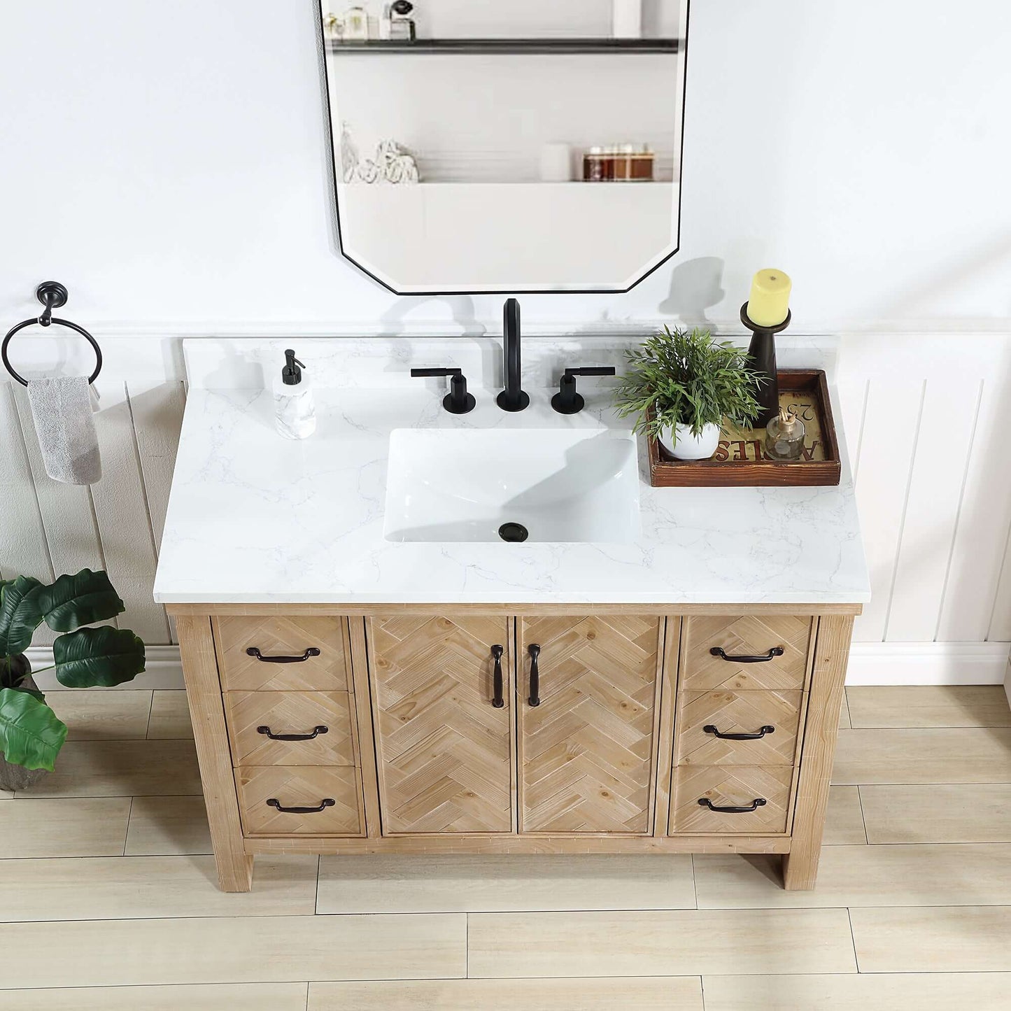 Vinnova Javier 48-inch free-standing single vanity in antique brown spruce with white grain composite top