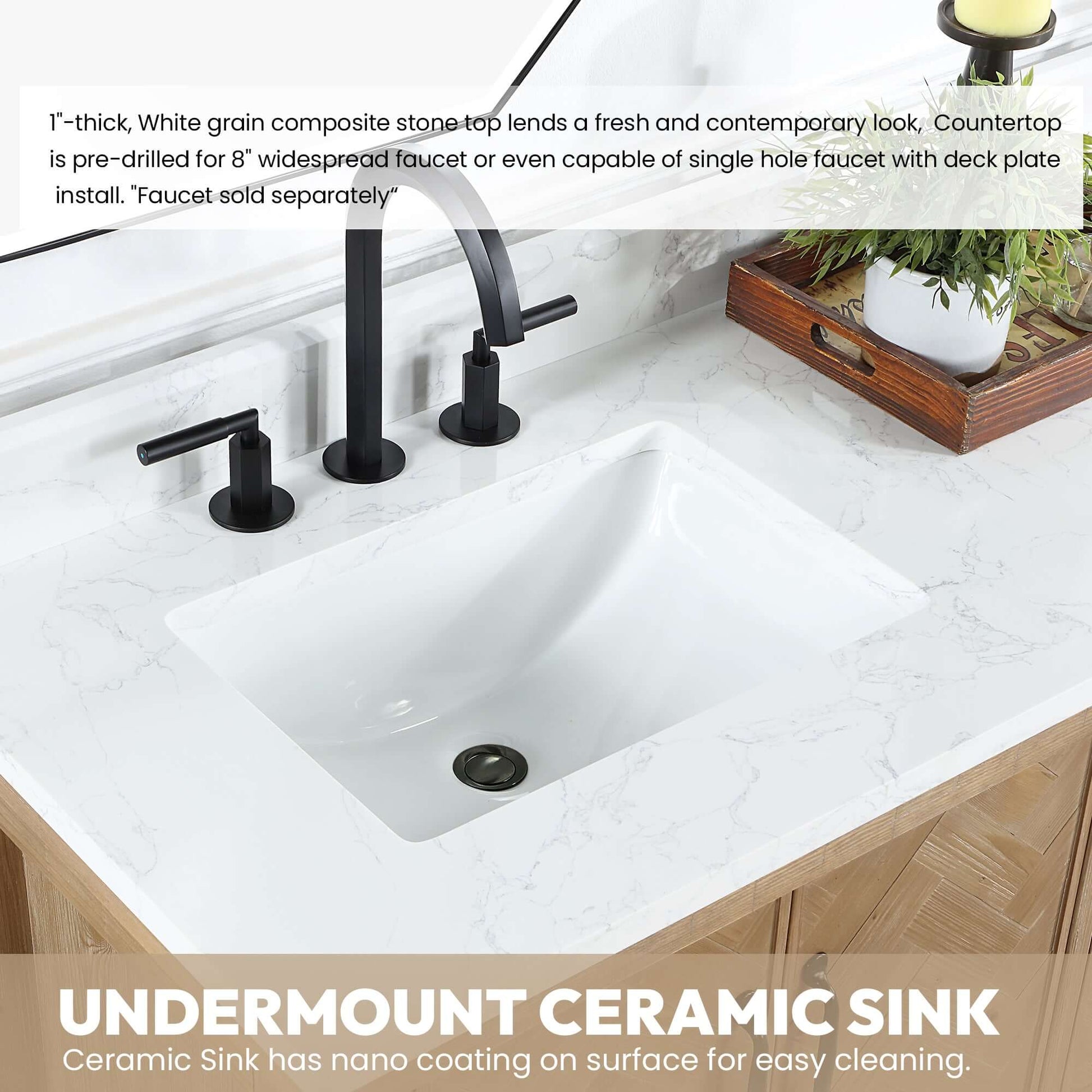 Vinnova Javier 48-inch free-standing single vanity in antique brown spruce with white grain composite top
