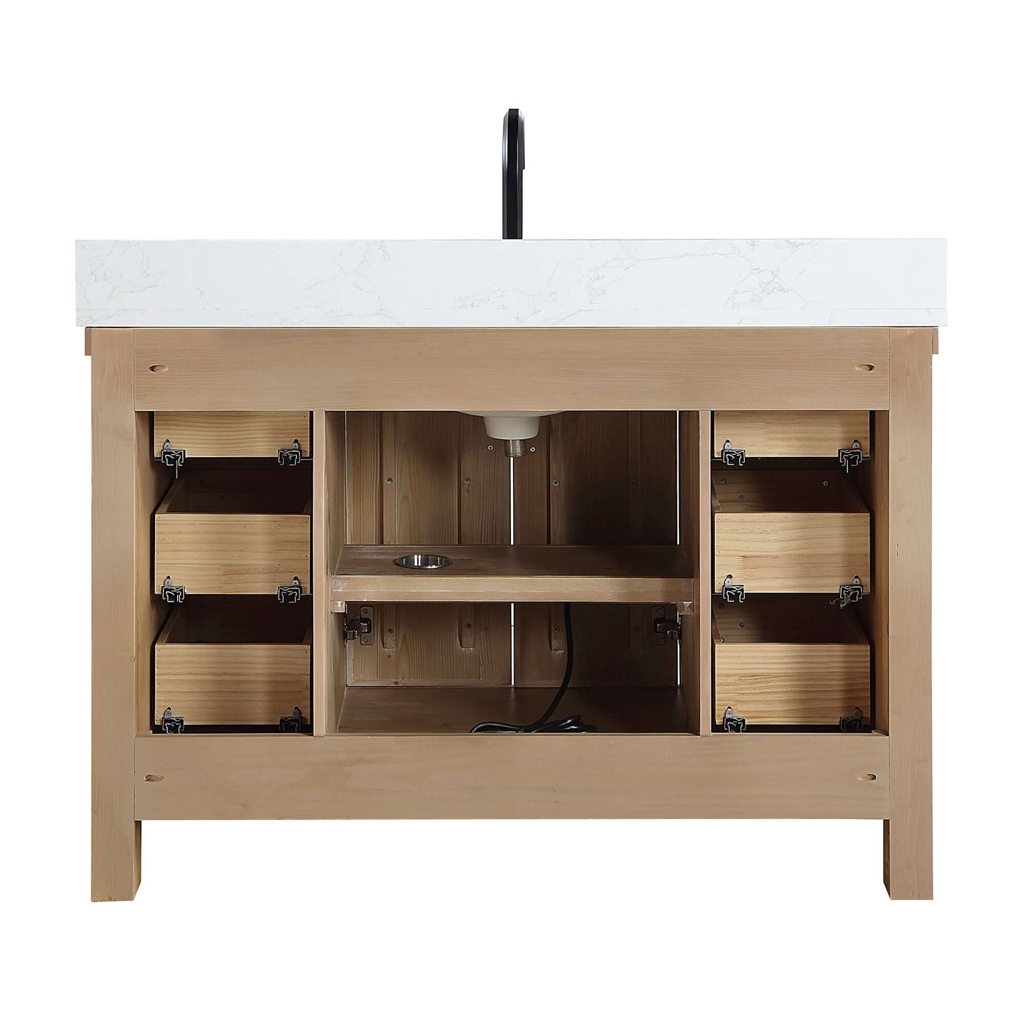 Vinnova Javier 48-inch free-standing single vanity in antique brown spruce with white grain composite top and mirror