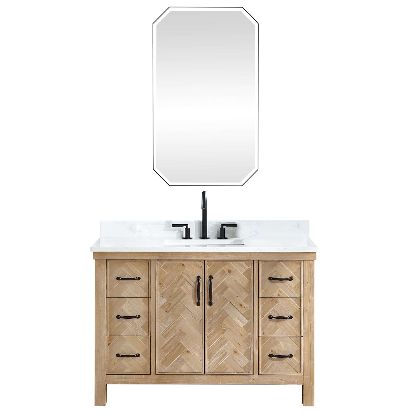 Vinnova Javier 48-inch free-standing single vanity in antique brown spruce with white grain composite top and mirror