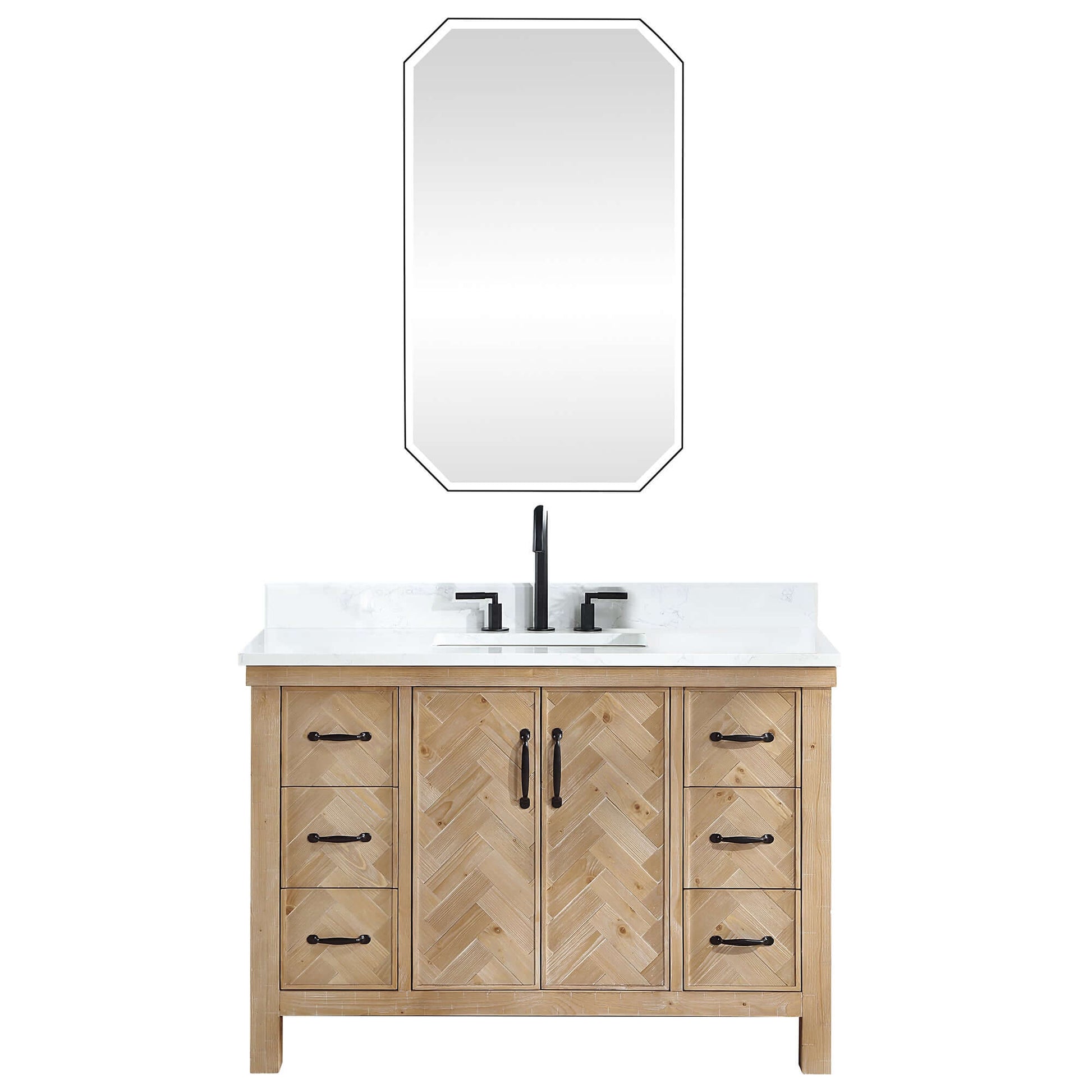 Vinnova Javier 48-inch free-standing single vanity in antique brown spruce with white grain composite top and mirror