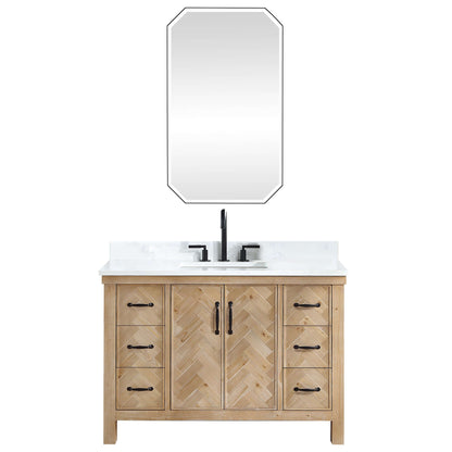 Vinnova Javier 48-inch free-standing single vanity in antique brown spruce with white grain composite top and mirror