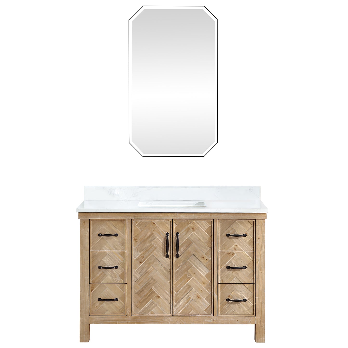 Vinnova, Javier 48" Free-standing Single Bath Vanity in Spruce Antique Brown with White Grain Composite Stone Top and Mirror