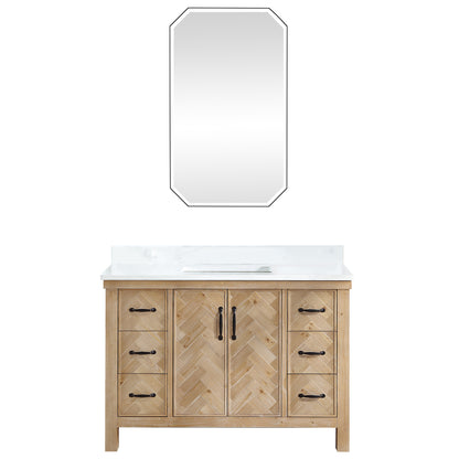 Vinnova, Javier 48" Free-standing Single Bath Vanity in Spruce Antique Brown with White Grain Composite Stone Top and Mirror