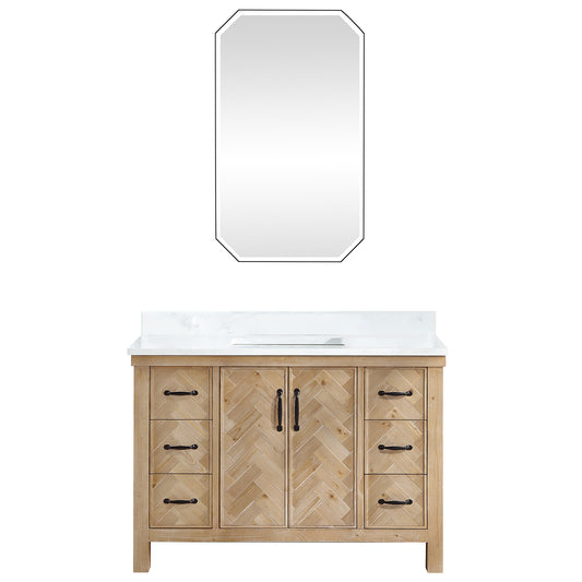 Vinnova, Javier 48" Free-standing Single Bath Vanity in Spruce Antique Brown with White Grain Composite Stone Top and Mirror
