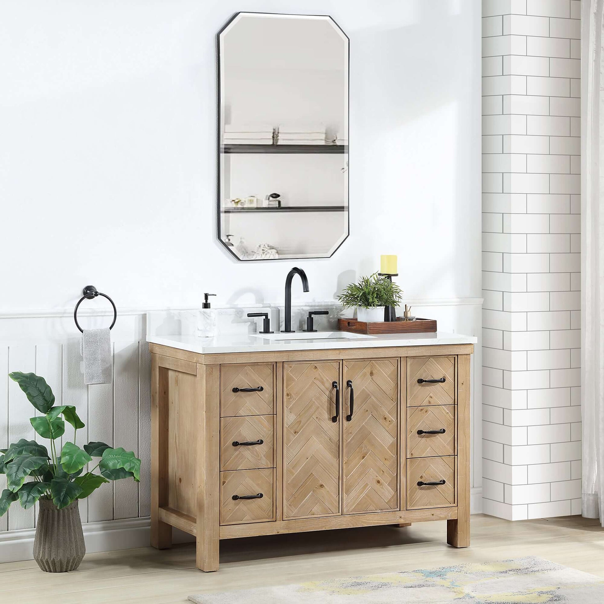 Vinnova Javier 48-inch free-standing single vanity in antique brown spruce with white grain composite top and mirror