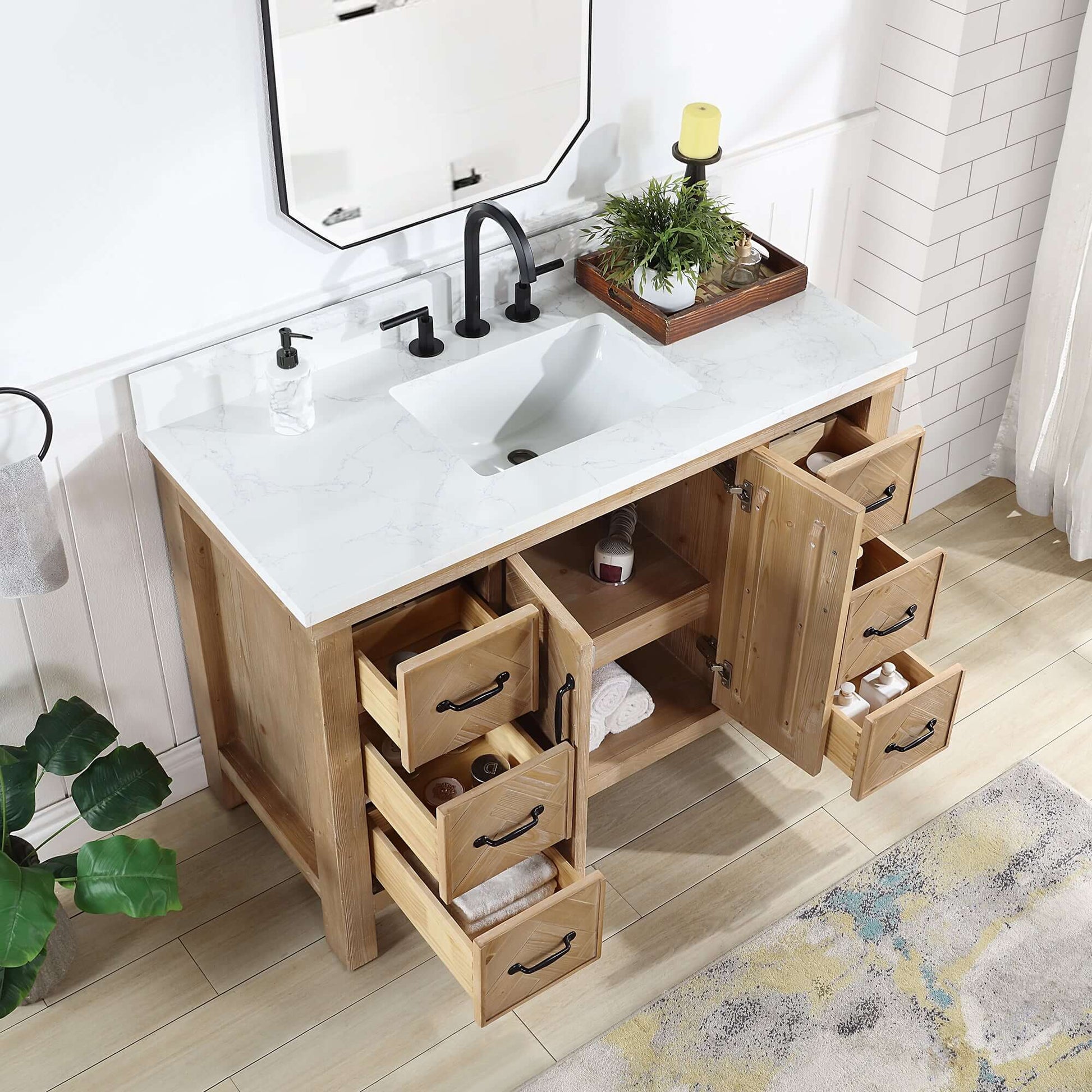 Vinnova Javier 48-inch free-standing single vanity in antique brown spruce with white grain composite top and mirror