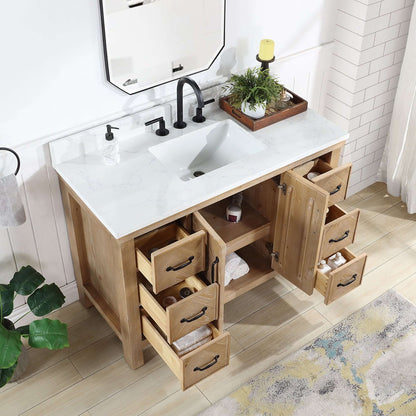 Vinnova Javier 48-inch free-standing single vanity in antique brown spruce with white grain composite top and mirror