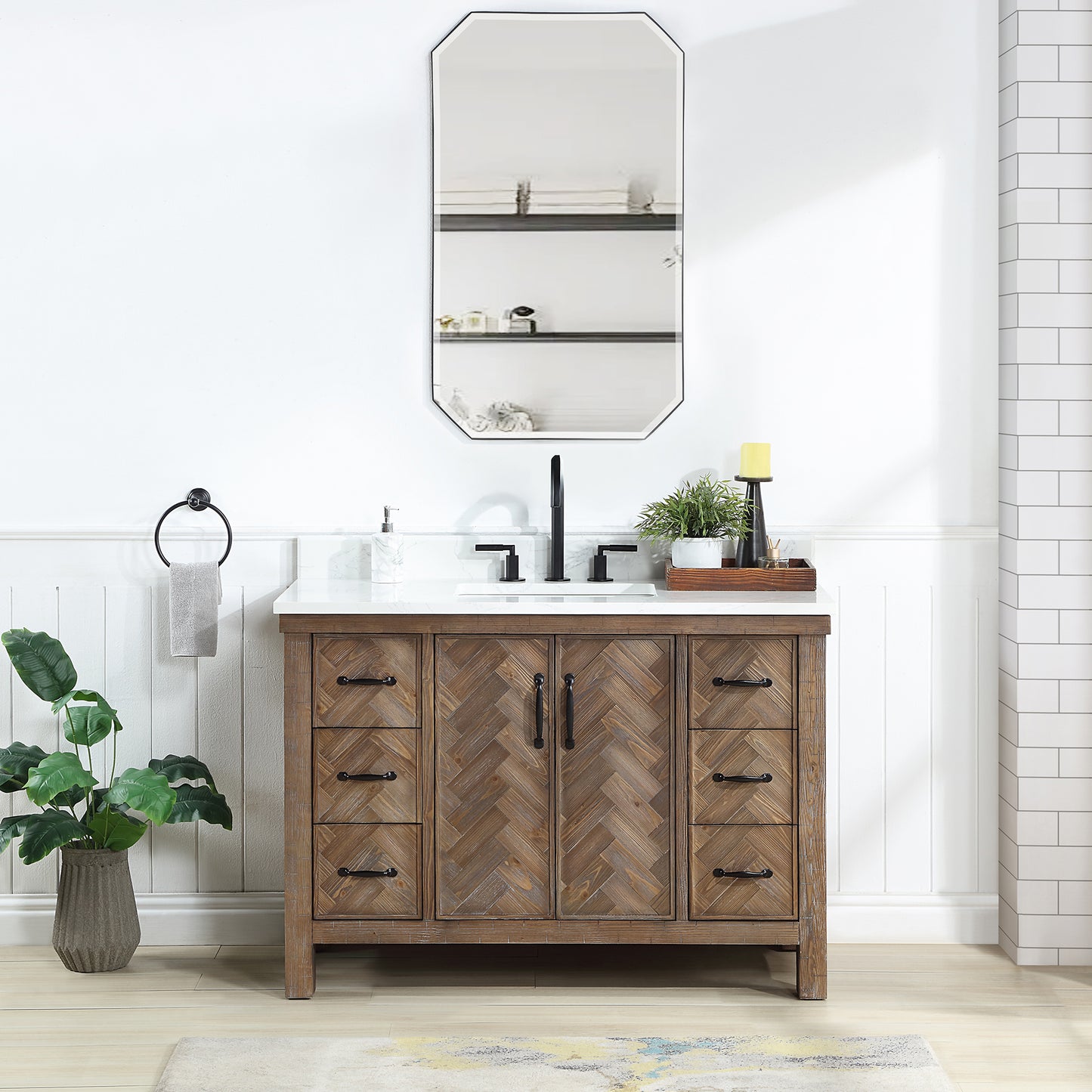 Vinnova, Javier 48" Free-standing Single Bath Vanity in Spruce Antique Gray with White Grain Composite Stone Top