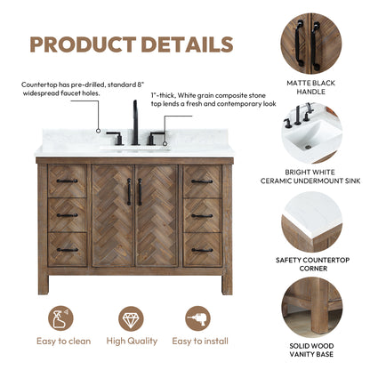 Vinnova, Javier 48" Free-standing Single Bath Vanity in Spruce Antique Gray with White Grain Composite Stone Top