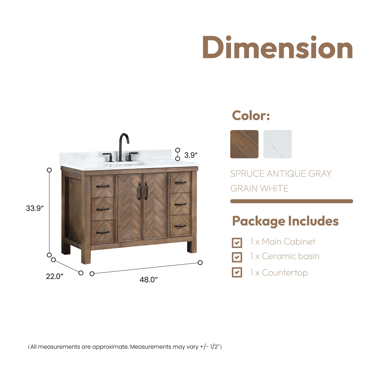 Vinnova, Javier 48" Free-standing Single Bath Vanity in Spruce Antique Gray with White Grain Composite Stone Top