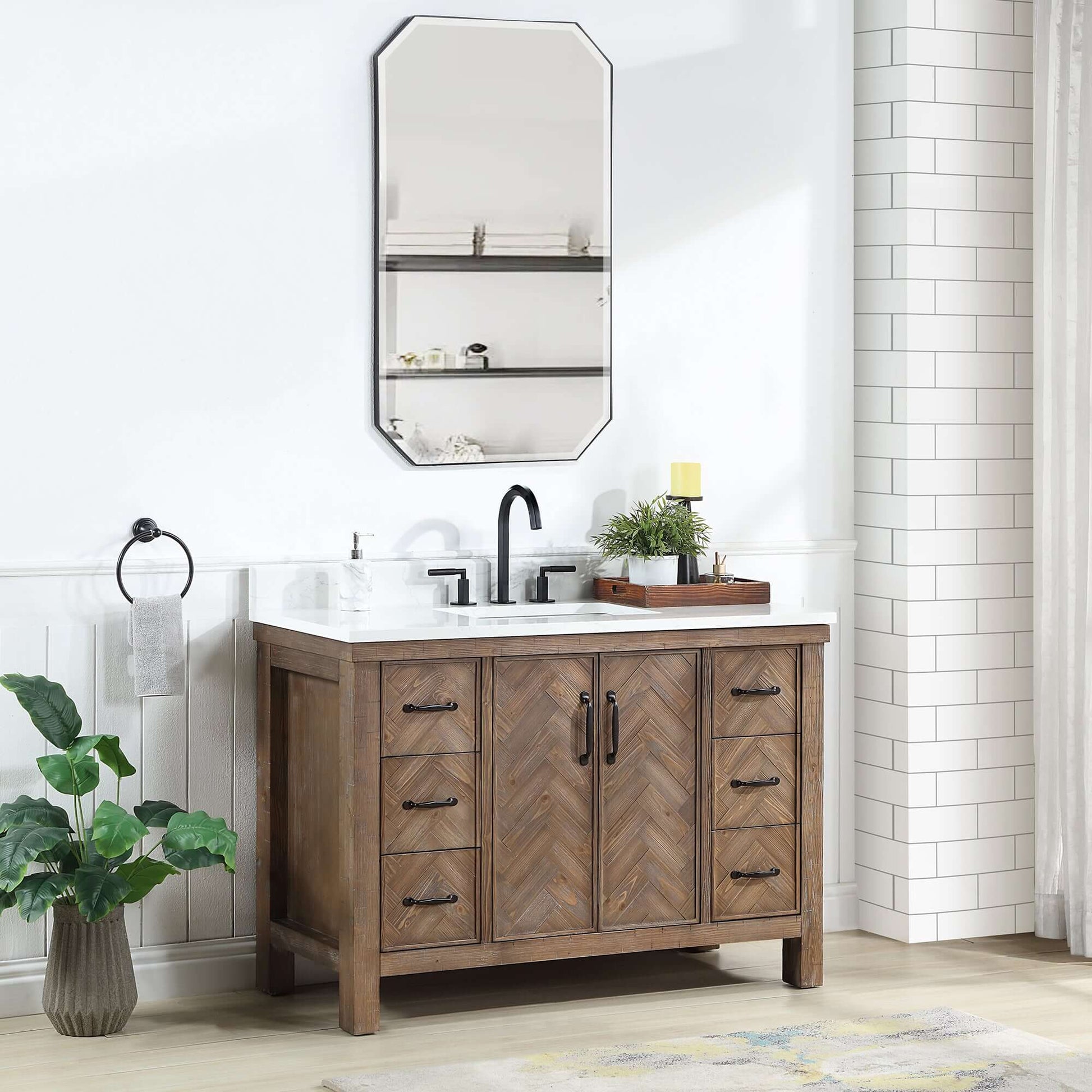 Vinnova Javier 48-inch free-standing single vanity in antique gray spruce with white grain composite top