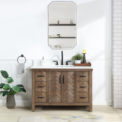 Vinnova, Javier 48" Free-standing Single Bath Vanity in Spruce Antique Gray with White Grain Composite Stone Top and Mirror