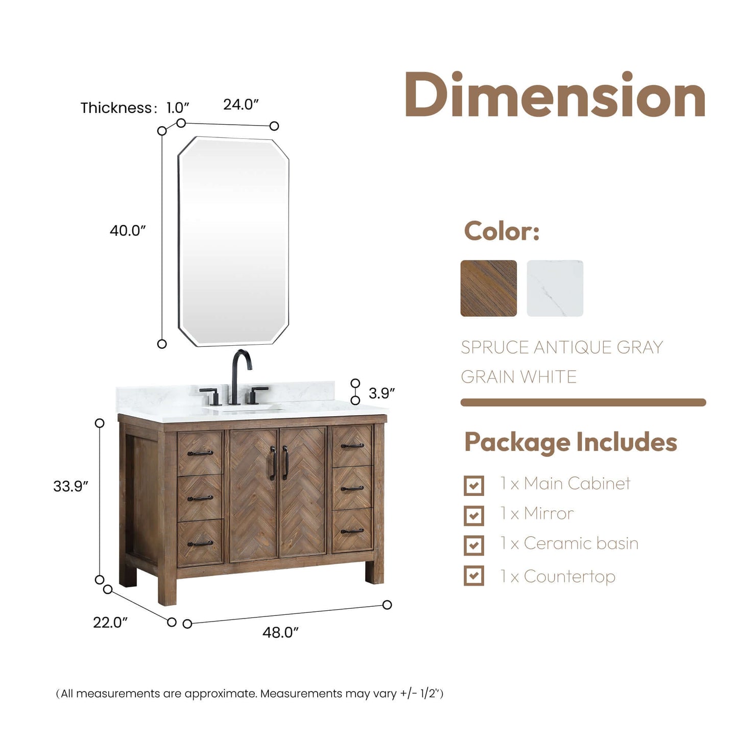 Vinnova Javier 48-inch free-standing single vanity in antique gray spruce with white grain composite top and mirror