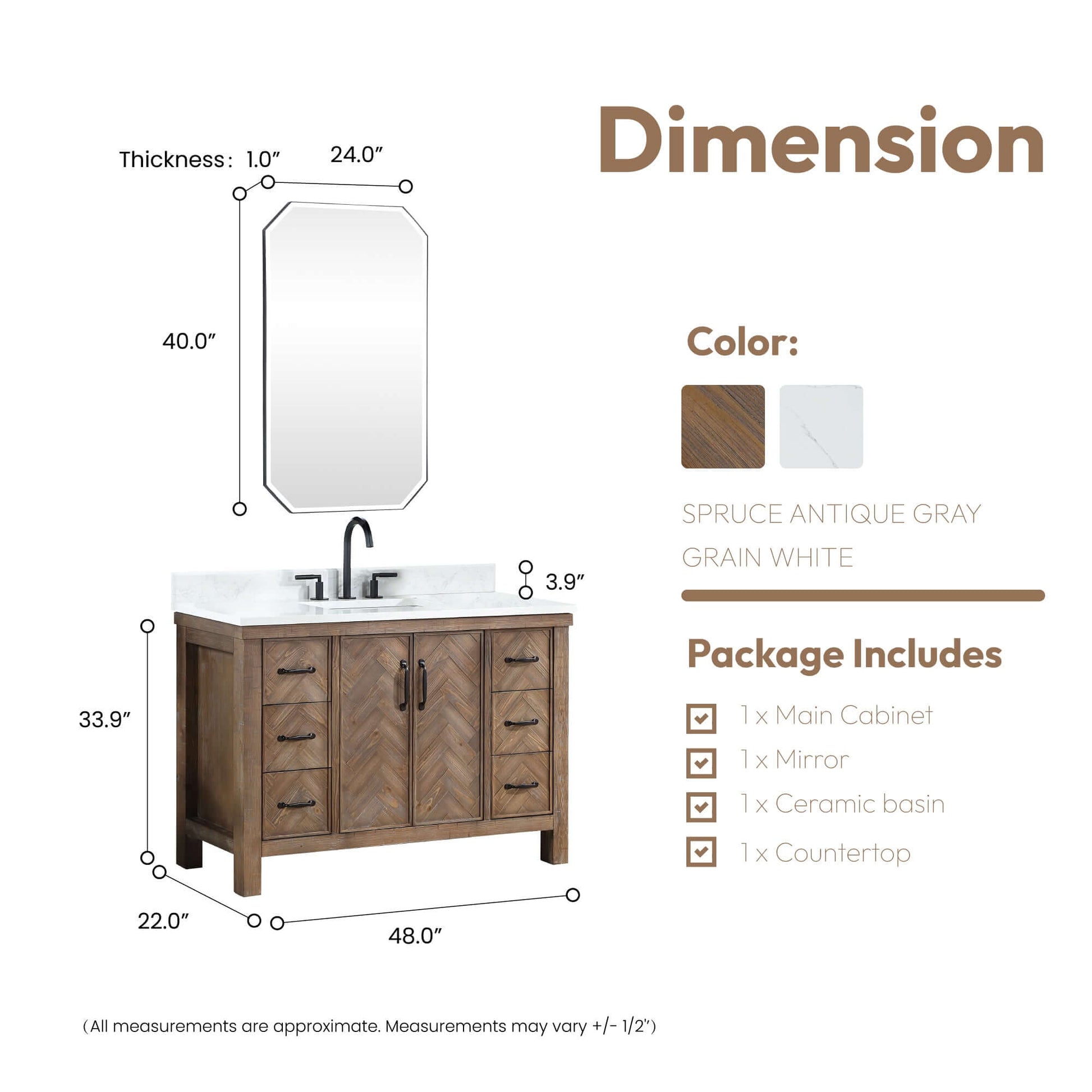 Vinnova Javier 48-inch free-standing single vanity in antique gray spruce with white grain composite top and mirror