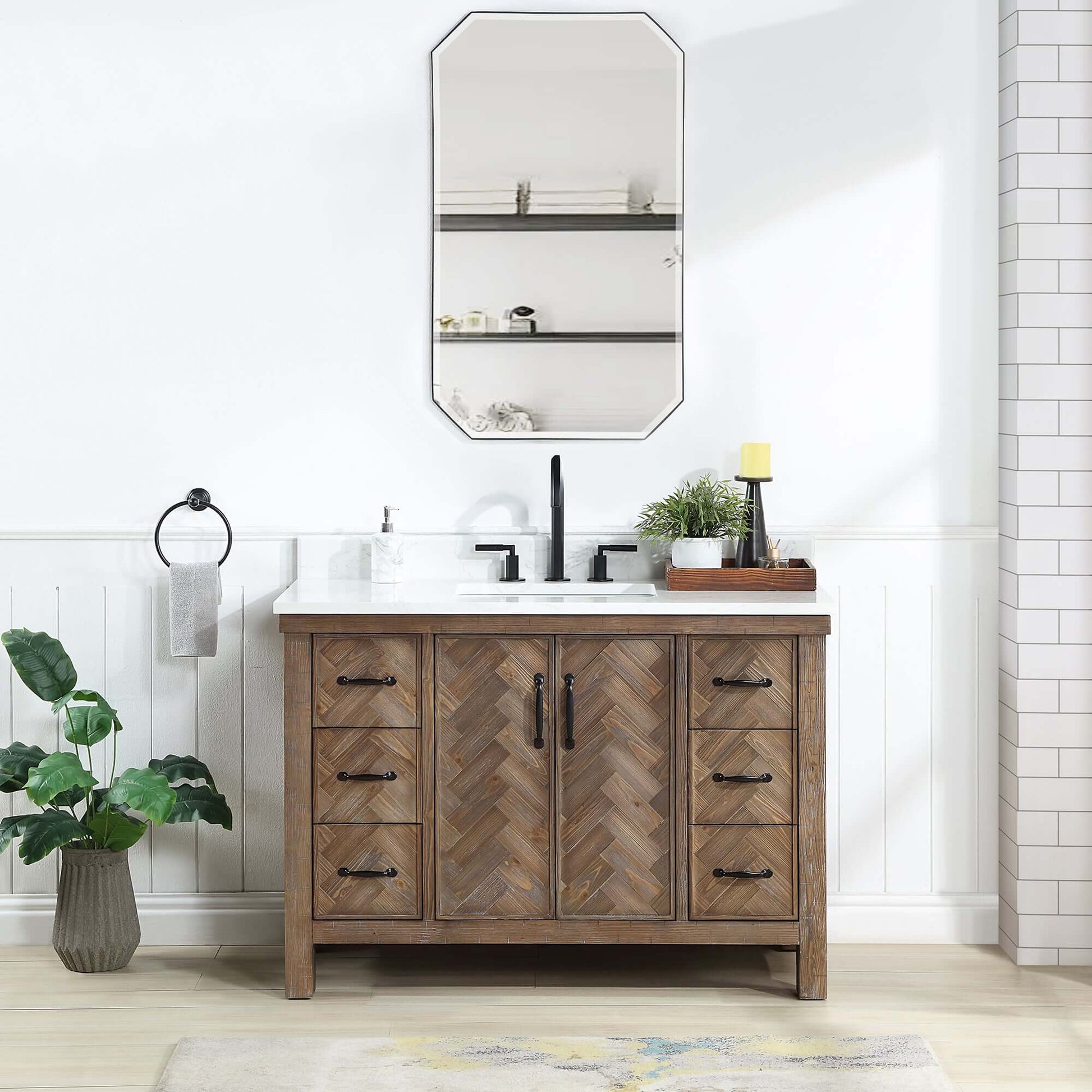 Vinnova Javier 48-inch free-standing single vanity in antique gray spruce with white grain composite top and mirror