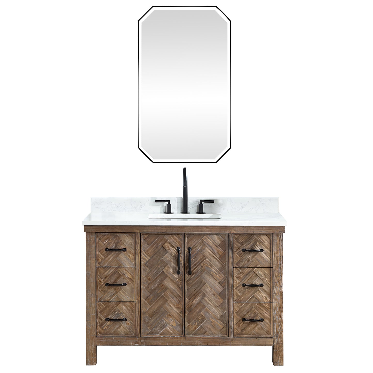 Vinnova, Javier 48" Free-standing Single Bath Vanity in Spruce Antique Gray with White Grain Composite Stone Top and Mirror