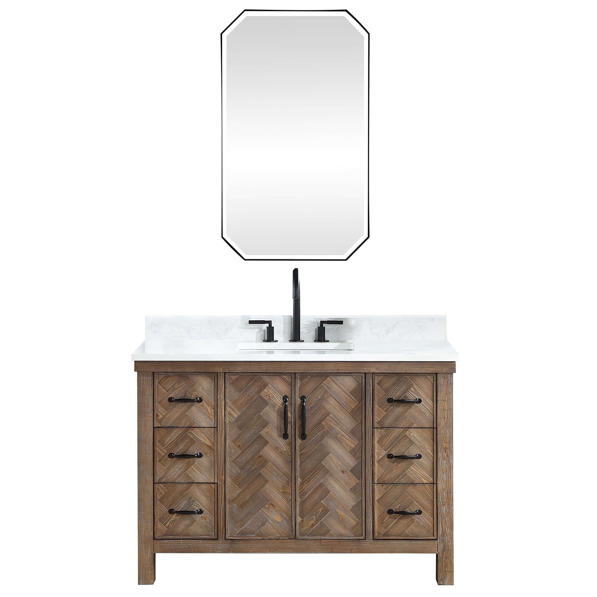 Vinnova Javier 48-inch free-standing single vanity in antique gray spruce with white grain composite top and mirror