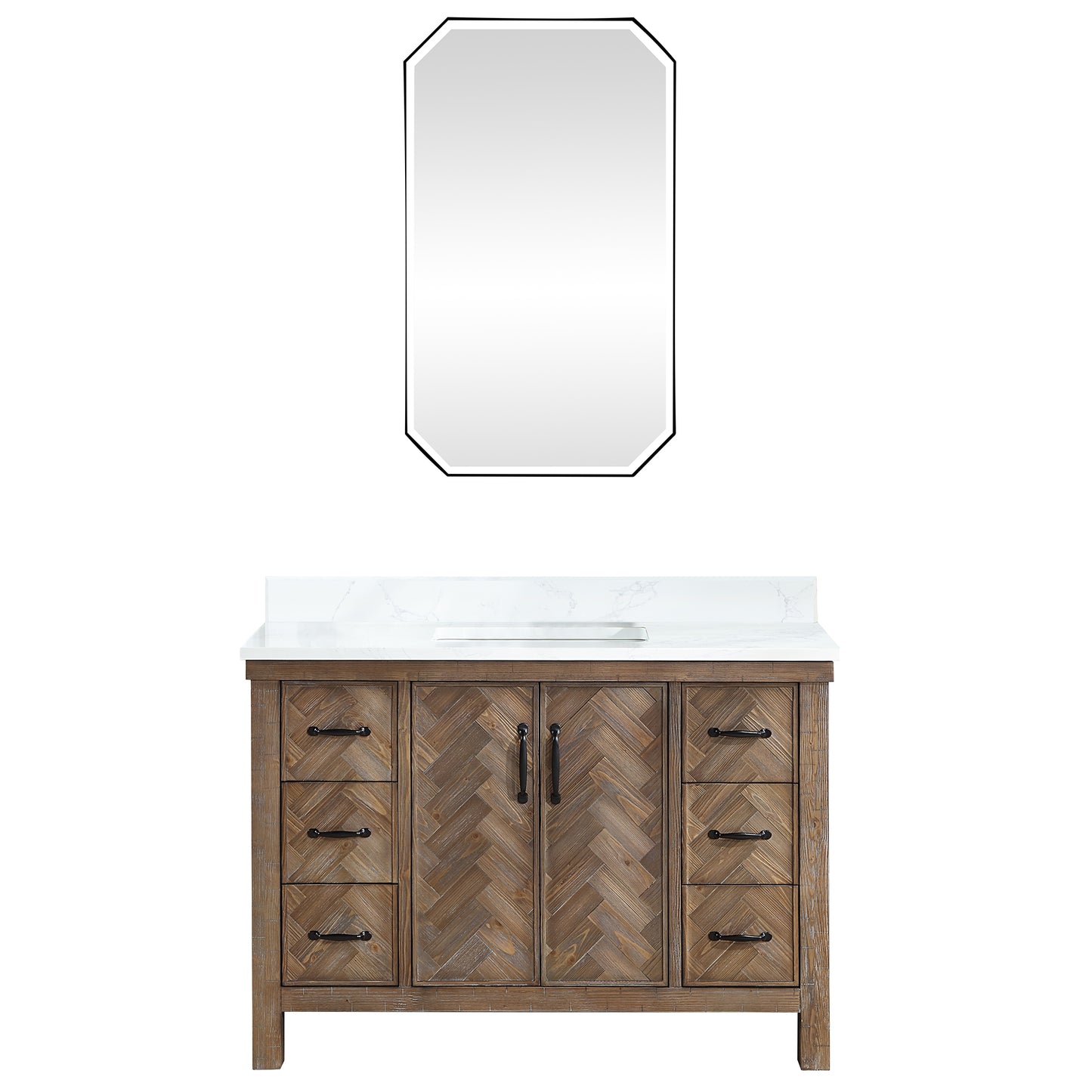 Vinnova, Javier 48" Free-standing Single Bath Vanity in Spruce Antique Gray with White Grain Composite Stone Top and Mirror