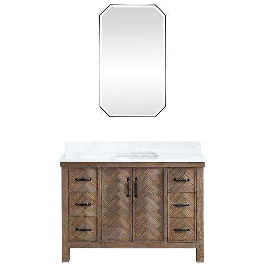 Vinnova, Javier 48" Free-standing Single Bath Vanity in Spruce Antique Gray with White Grain Composite Stone Top and Mirror