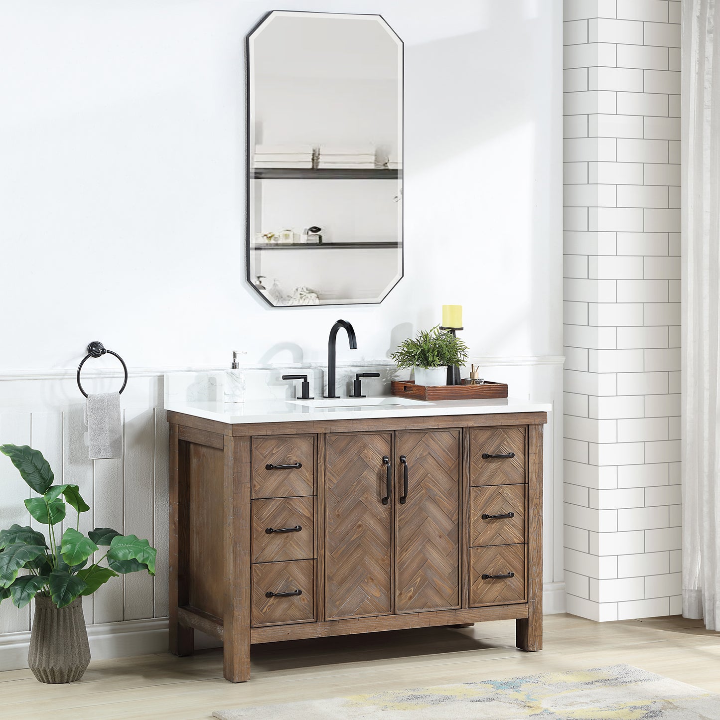 Vinnova, Javier 48" Free-standing Single Bath Vanity in Spruce Antique Gray with White Grain Composite Stone Top and Mirror