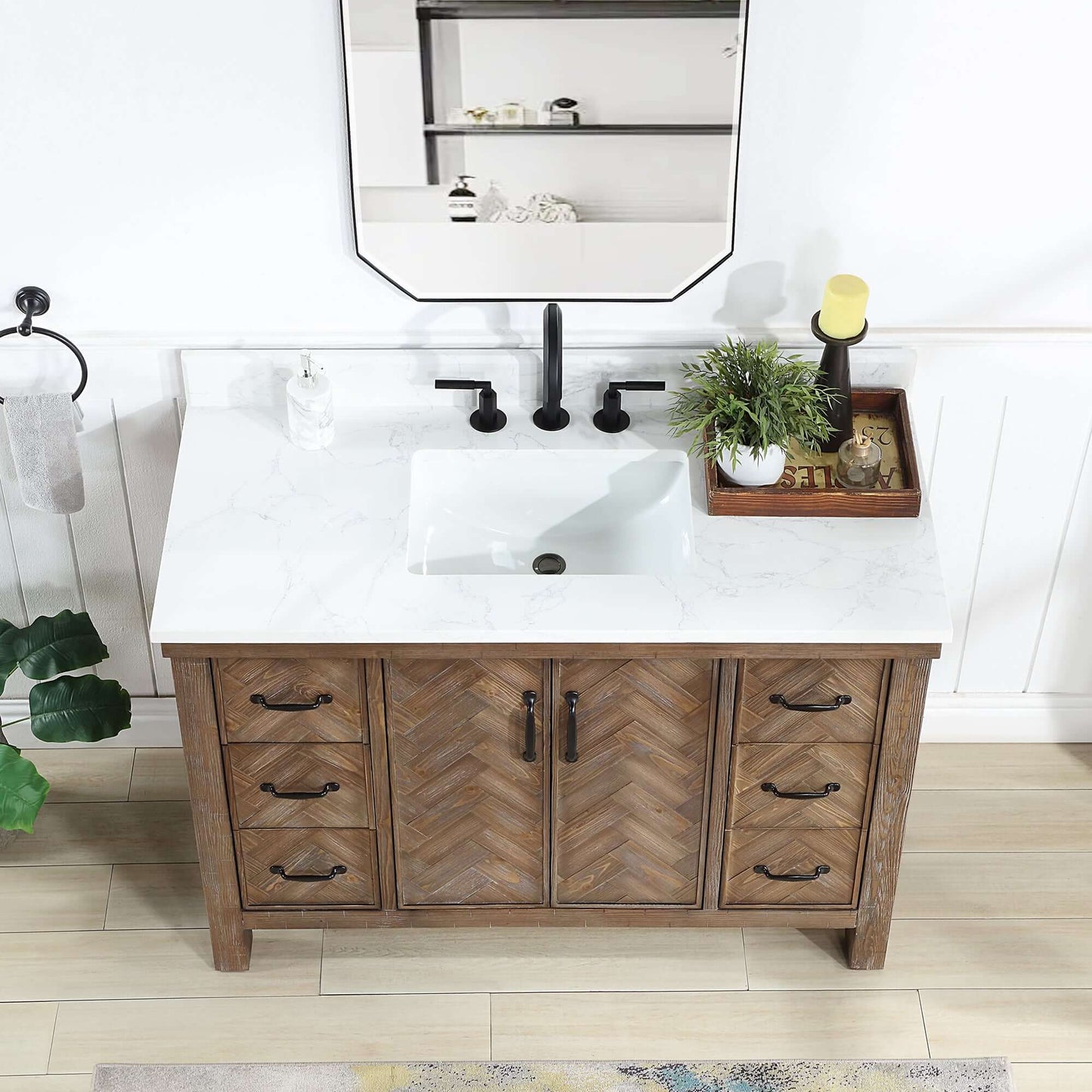 Vinnova Javier 48-inch free-standing single vanity in antique gray spruce with white grain composite top and mirror