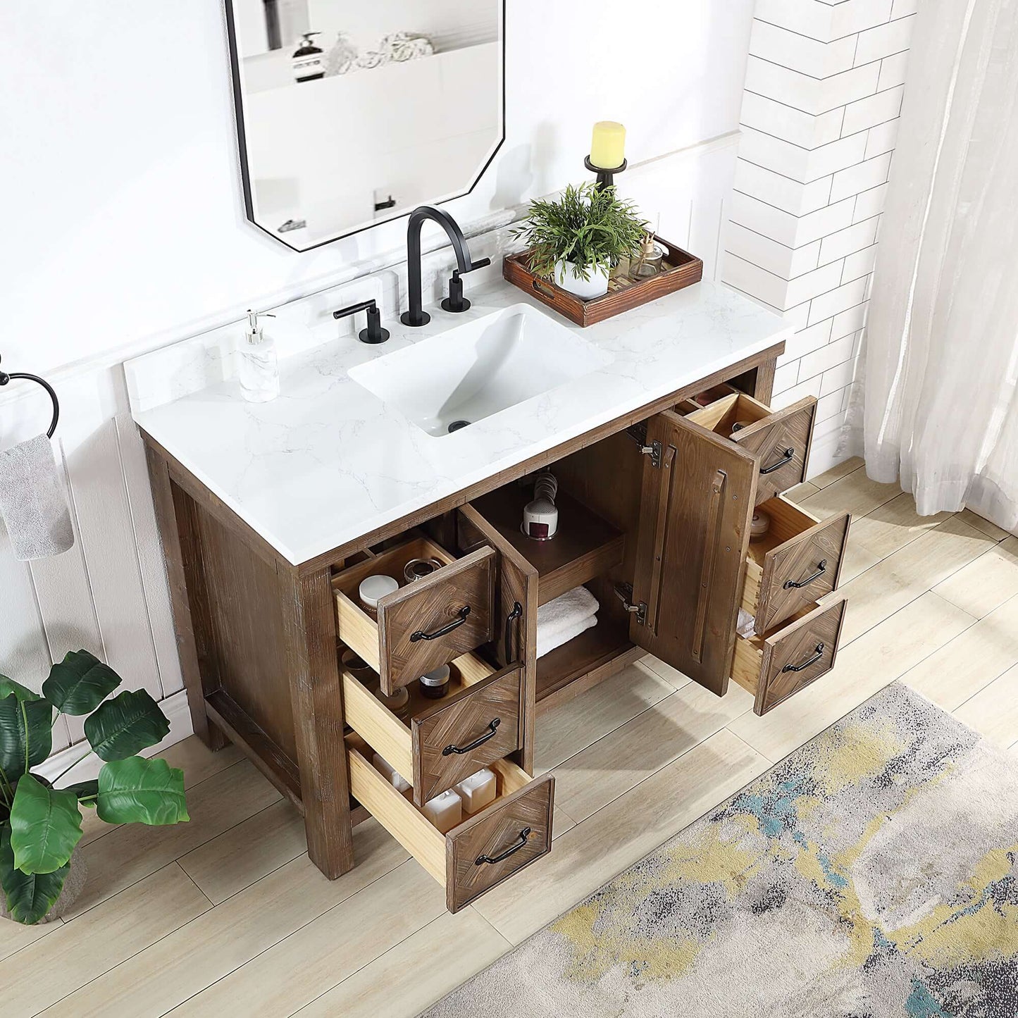 Vinnova Javier 48-inch free-standing single vanity in antique gray spruce with white grain composite top and mirror