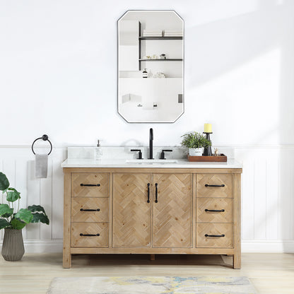 Vinnova, Javier 60" Free-standing Single Bath Vanity in Spruce Antique Brown with White Grain Composite Stone Top