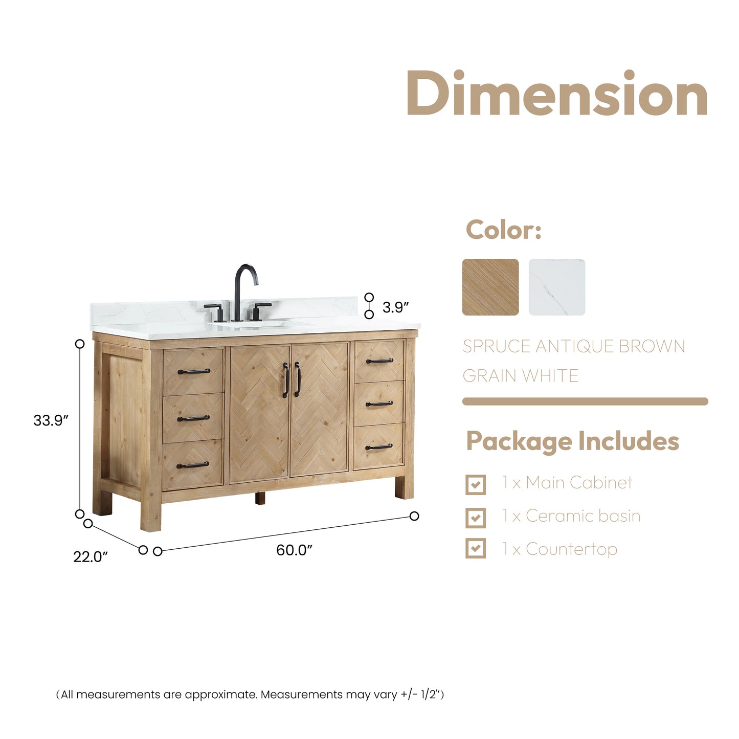 Vinnova, Javier 60" Free-standing Single Bath Vanity in Spruce Antique Brown with White Grain Composite Stone Top