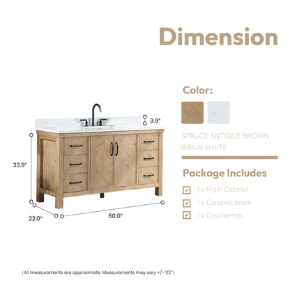 Vinnova Javier 60-inch free-standing single vanity in antique brown spruce with white grain composite top
