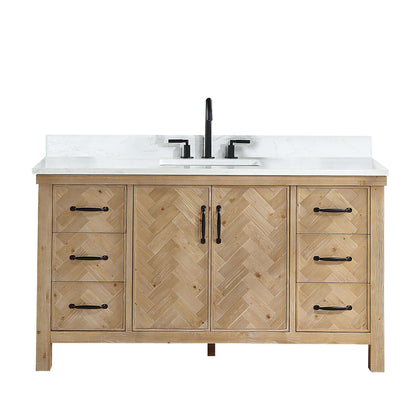 Vinnova Javier 60-inch free-standing single vanity in antique brown spruce with white grain composite top