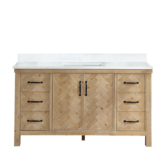 Vinnova, Javier 60" Free-standing Single Bath Vanity in Spruce Antique Brown with White Grain Composite Stone Top