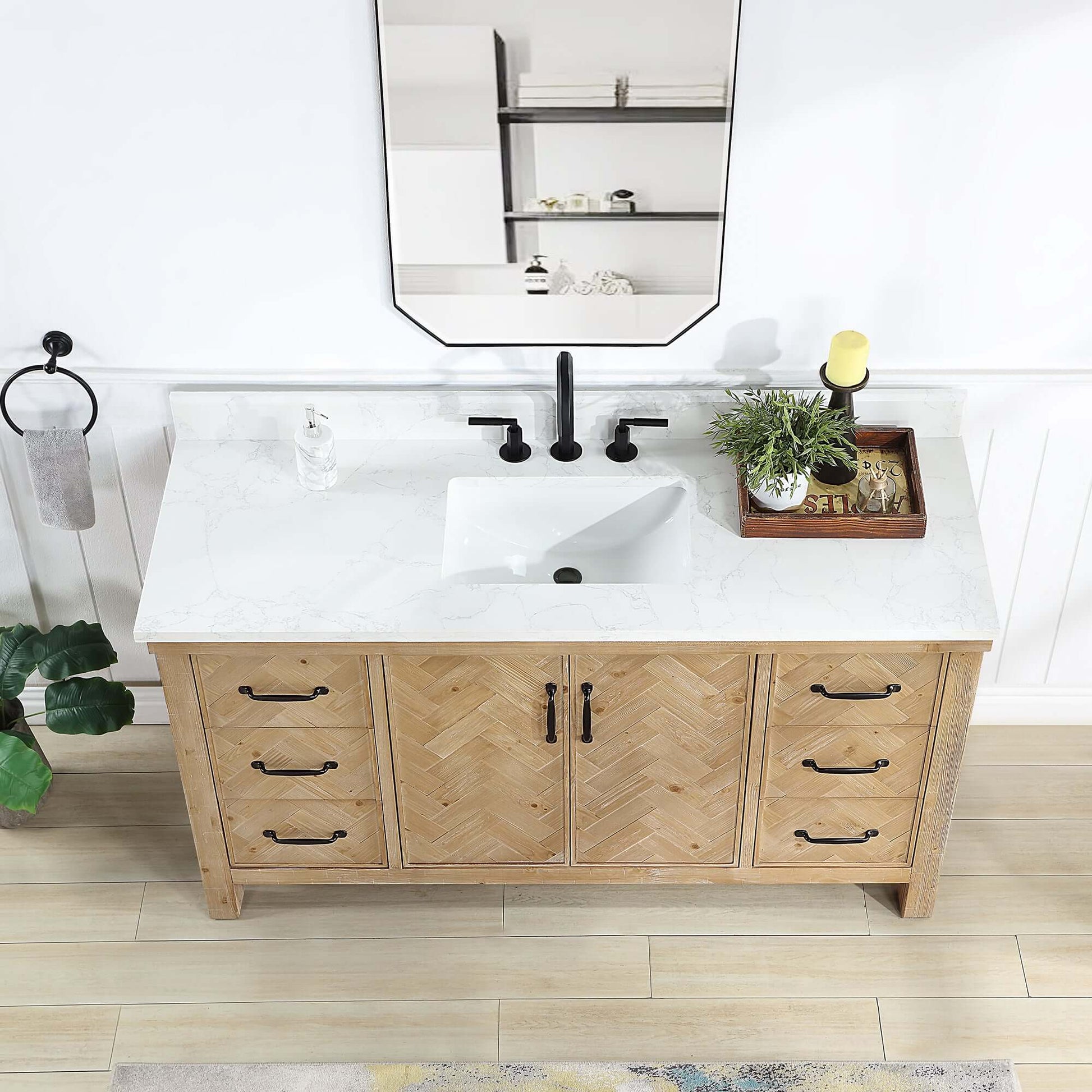 Vinnova Javier 60-inch free-standing single vanity in antique brown spruce with white grain composite top