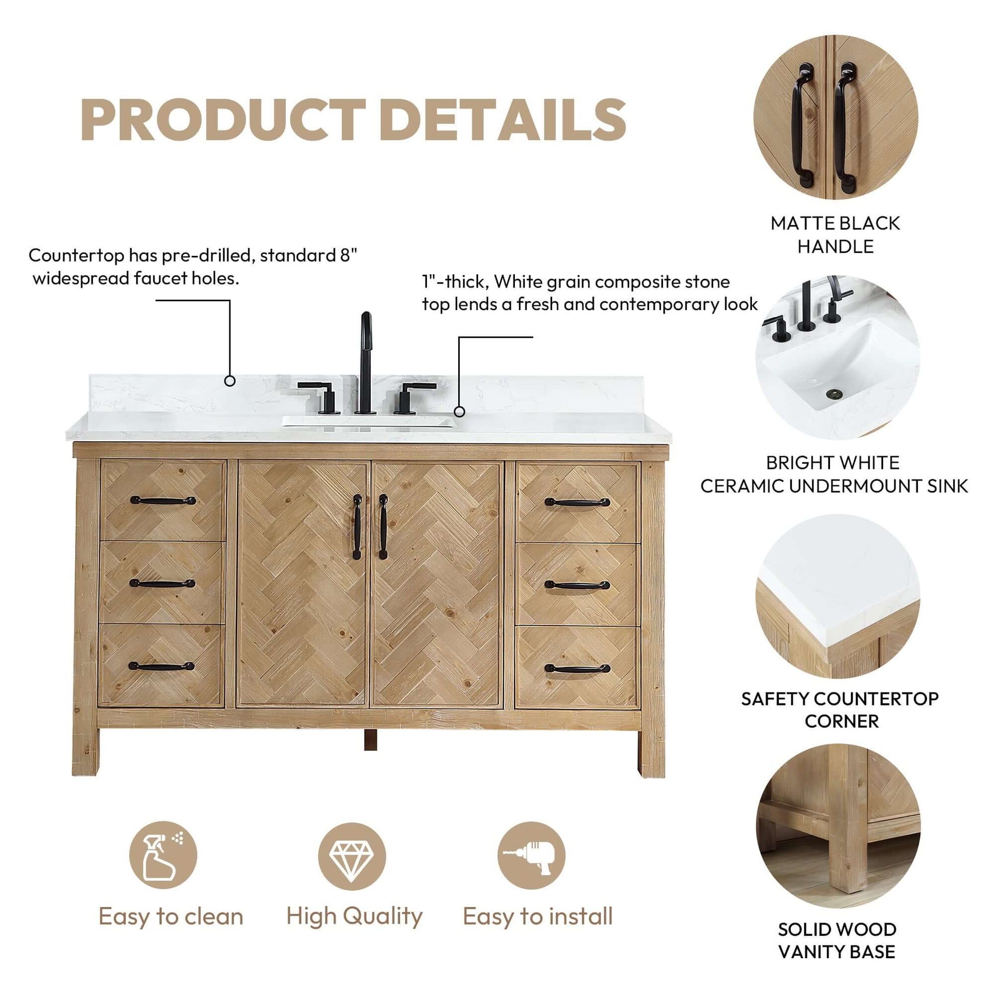 Vinnova Javier 60-inch free-standing single vanity in antique brown spruce with white grain composite top and mirror