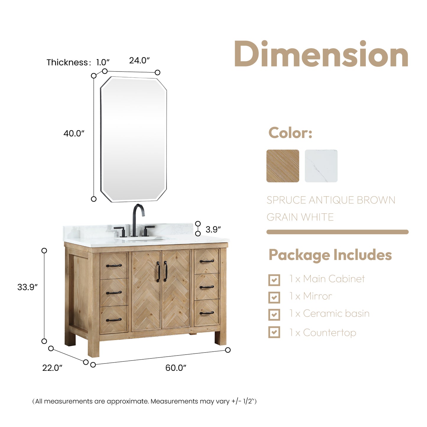 Vinnova, Javier 60" Free-standing Single Bath Vanity in Spruce Antique Brown with White Grain Composite Stone Top and Mirror
