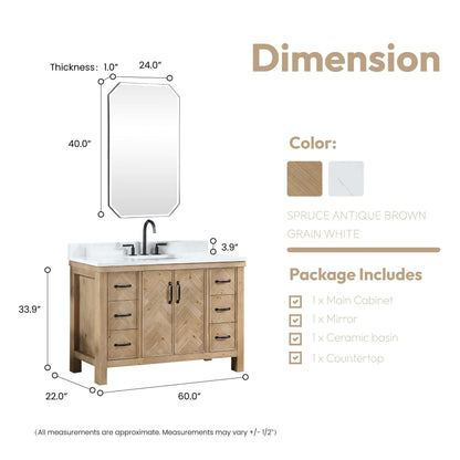 Vinnova Javier 60-inch free-standing single vanity in antique brown spruce with white grain composite top and mirror