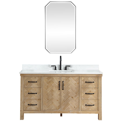 Vinnova, Javier 60" Free-standing Single Bath Vanity in Spruce Antique Brown with White Grain Composite Stone Top and Mirror