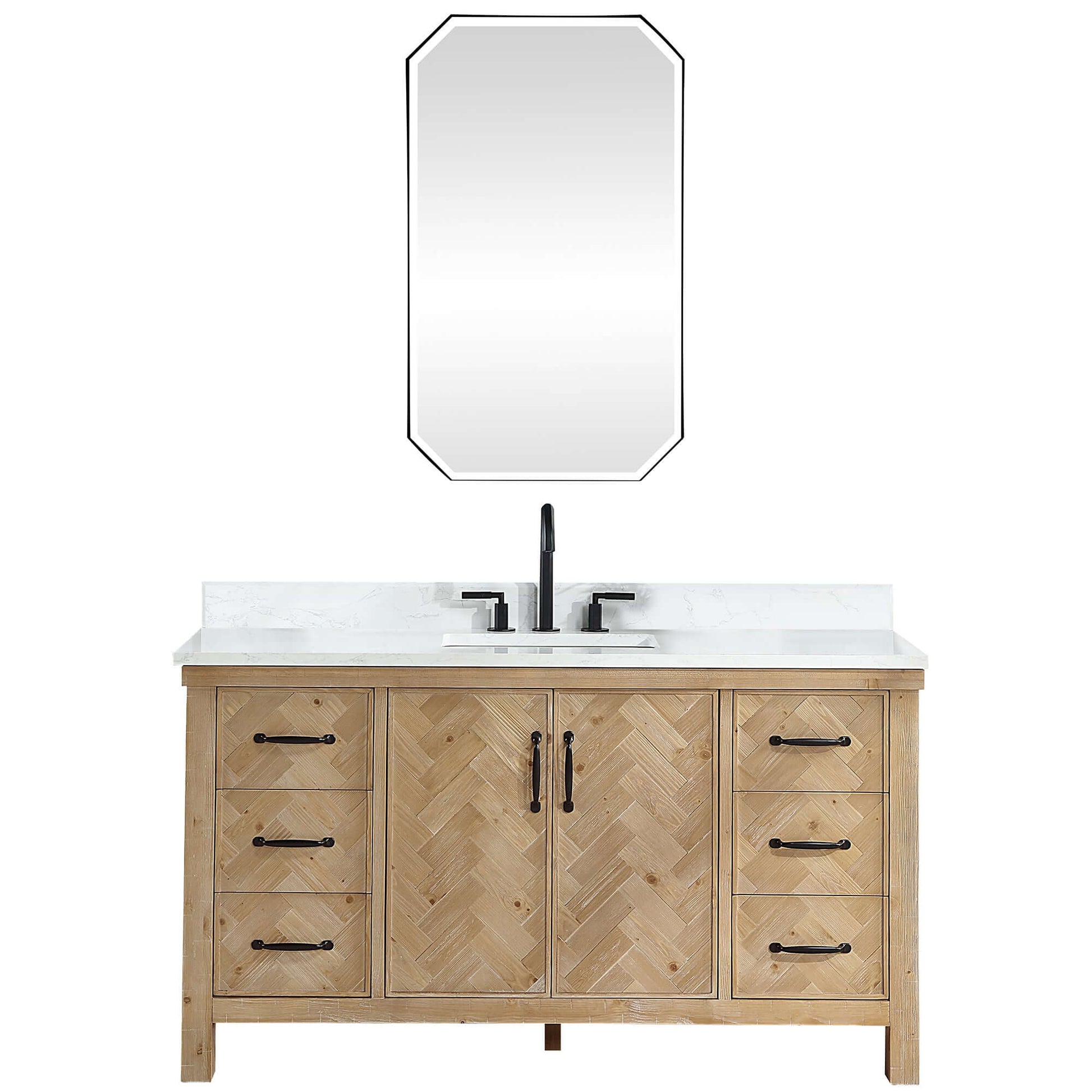 Vinnova Javier 60-inch free-standing single vanity in antique brown spruce with white grain composite top and mirror
