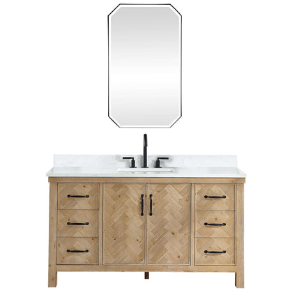 Vinnova Javier 60-inch free-standing single vanity in antique brown spruce with white grain composite top and mirror