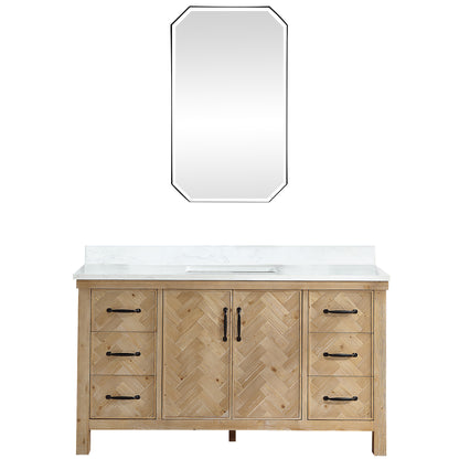 Vinnova, Javier 60" Free-standing Single Bath Vanity in Spruce Antique Brown with White Grain Composite Stone Top and Mirror