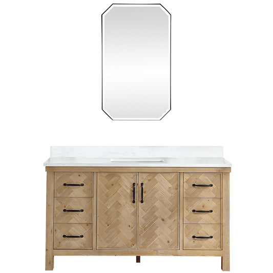 Vinnova, Javier 60" Free-standing Single Bath Vanity in Spruce Antique Brown with White Grain Composite Stone Top and Mirror